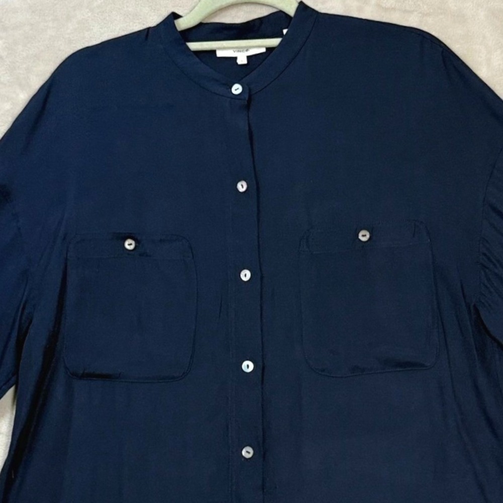 Vince Womens Silk Blend Utility Blouse L Navy Blue Short Sleeve Minimalist Shirt - Picture 4 of 8